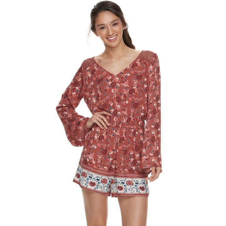 Juniors' Mudd&reg; Printed Bell-sleeve Romper, Teens, Size: Medium, Med Pink