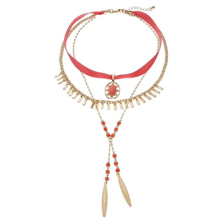 Peach Layered Fringe & Oval Pendant Choker Necklace, Women's, Pink Other