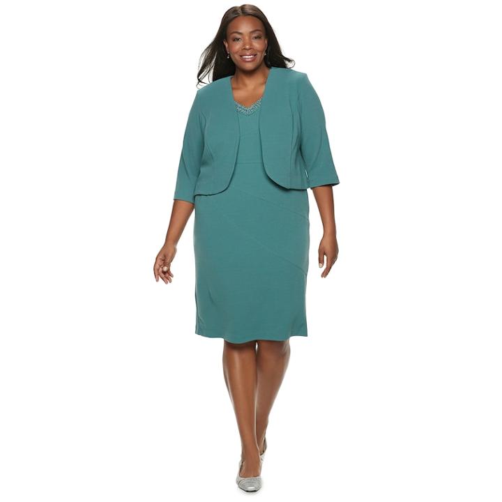 Plus Size Maya Brooke Embellished Dress & Jacket Set, Women's, Size: 14 W, Dark Green
