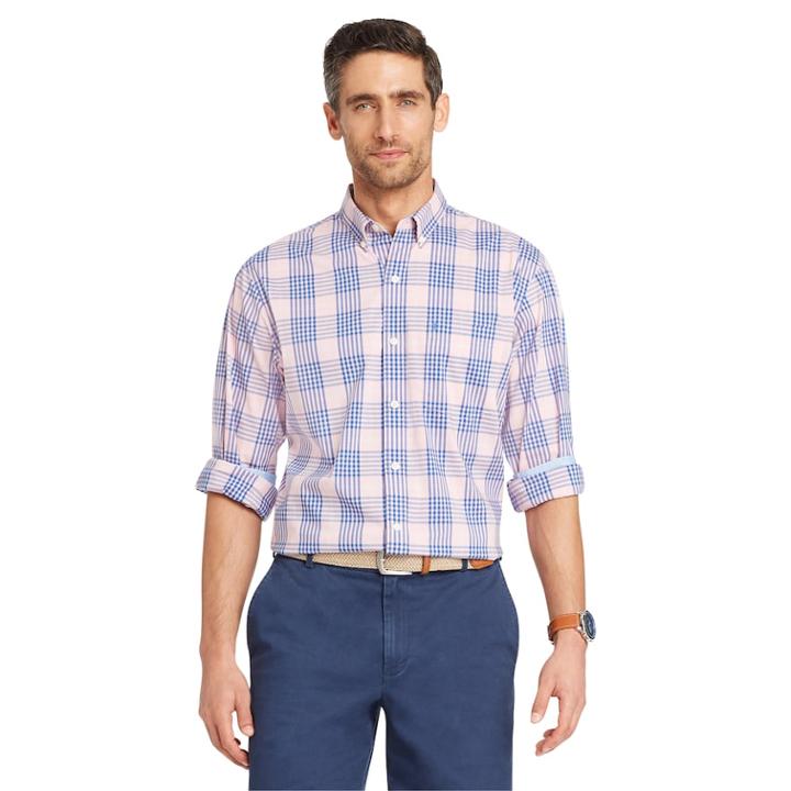Men's Izod Classic-fit Essential Plaid Woven Button-down Shirt, Size: Medium, Med Pink