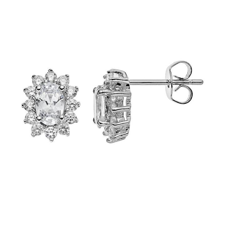 The Silver Lining Cubic Zirconia Silver Tone Oval Stud Earrings, Women's, White