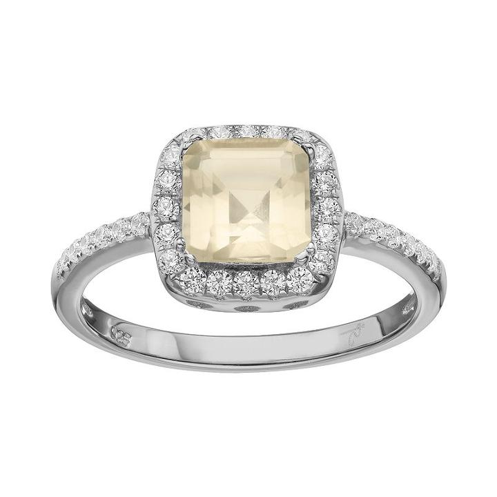 Rebecca Sloane Lemon Quartz & Cubic Zirconia Platinum Over Silver Halo Ring, Women's, Size: 8, Yellow