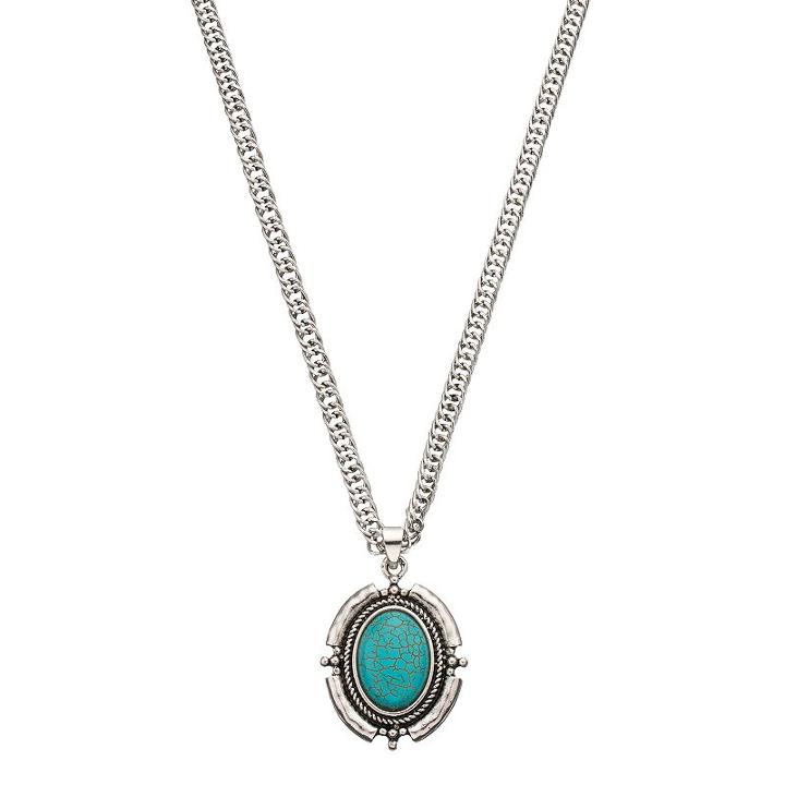 Antiqued Simulated Turquoise Cabochon Long Pendant Necklace, Women's, Turq/aqua