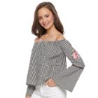 Juniors' Love, Fire Gingham Off-the-shoulder Bell Sleeve Top, Teens, Size: Small, Ovrfl Oth