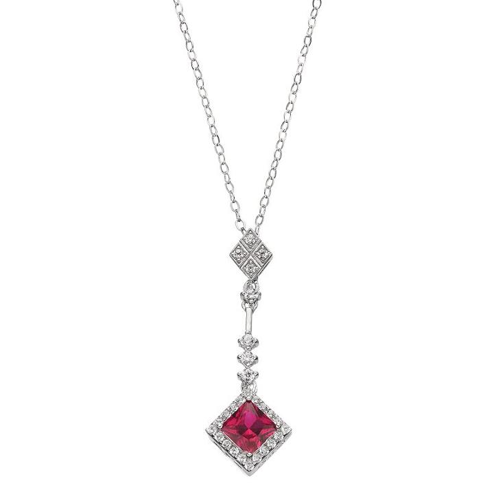 Sterling Silver Lab-created Ruby & White Sapphire Square Linear Drop Pendant Necklace, Women's, Size: 18, Red