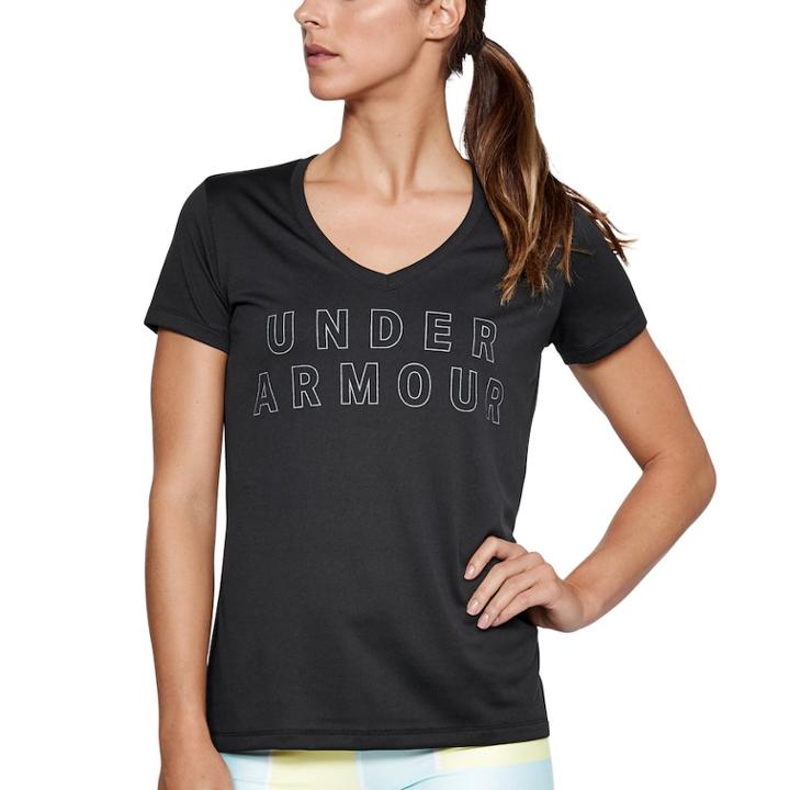 Women's Under Armour Tech Short Sleeve V-neck Graphic Tee, Size: Small, Black
