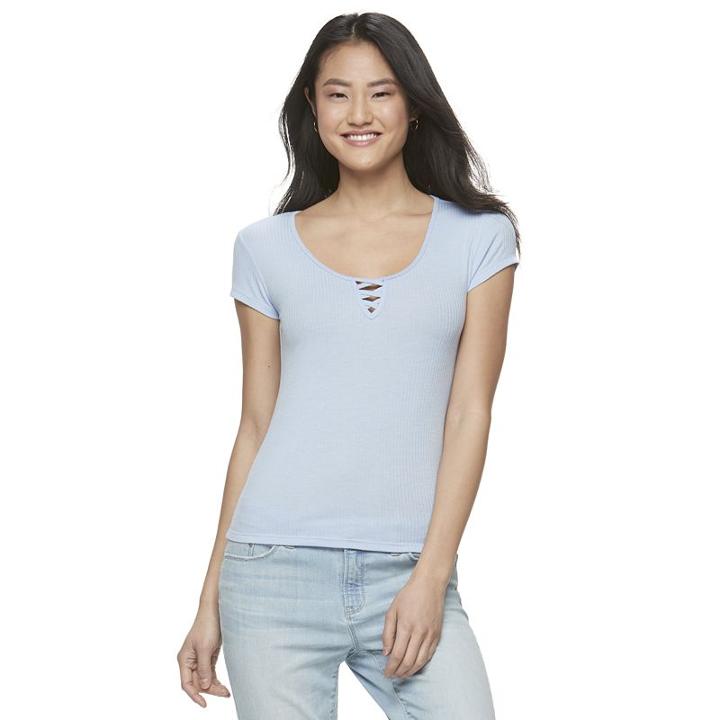 Juniors' So&reg; Ribbed Lace-up Tee, Girl's, Size: Medium, Light Blue