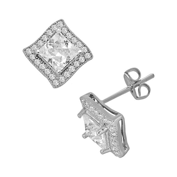 Silver Plate Cubic Zirconia Frame Stud Earrings, Women's, White
