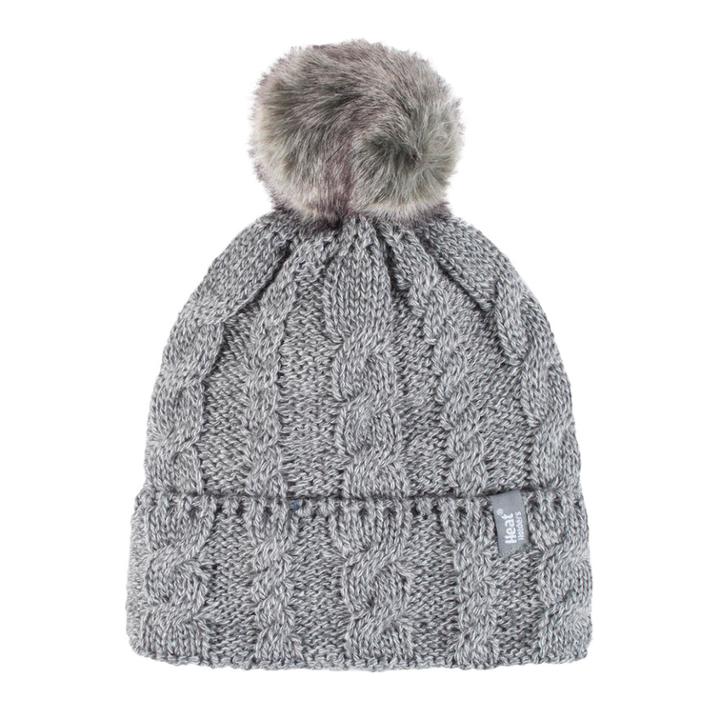 Women's Heat Holders Cable Knit Rolled Pom Pom Beanie, Light Grey