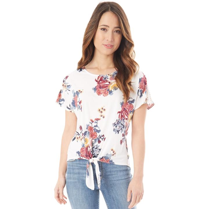 Juniors' Iz Byer Cross-back Tie-front Tee, Teens, Size: Xs, Ivory Ground Floral
