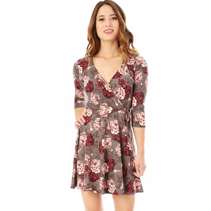 Juniors' Iz Byer Floral Faux Wrap Dress, Teens, Size: Small, Olive Floral