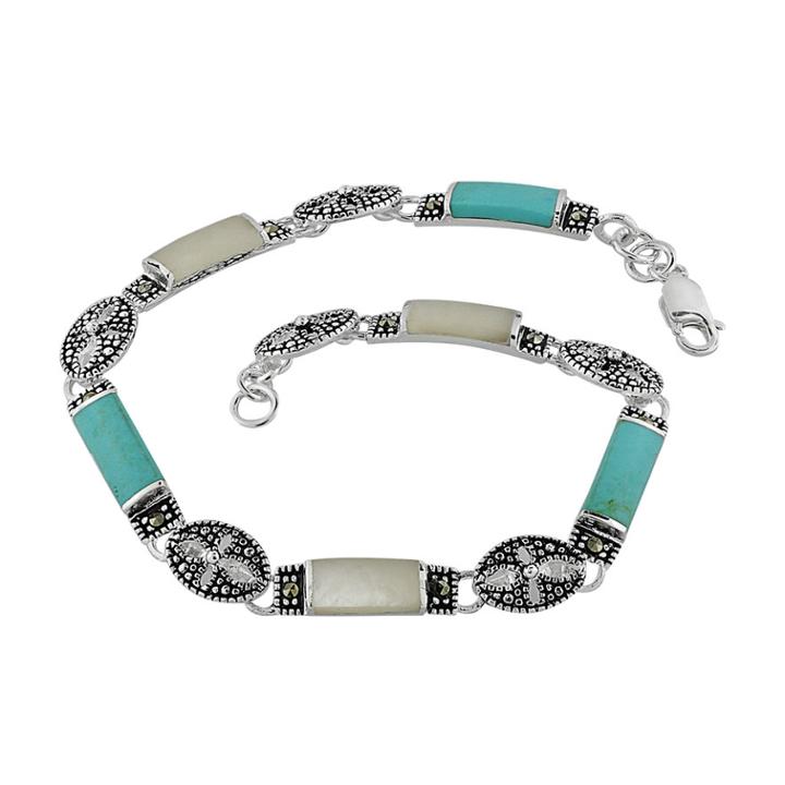 Sterling Silver Marcasite And Simulated Turquoise Bracelet, Women's, Size: 7.5, Blue