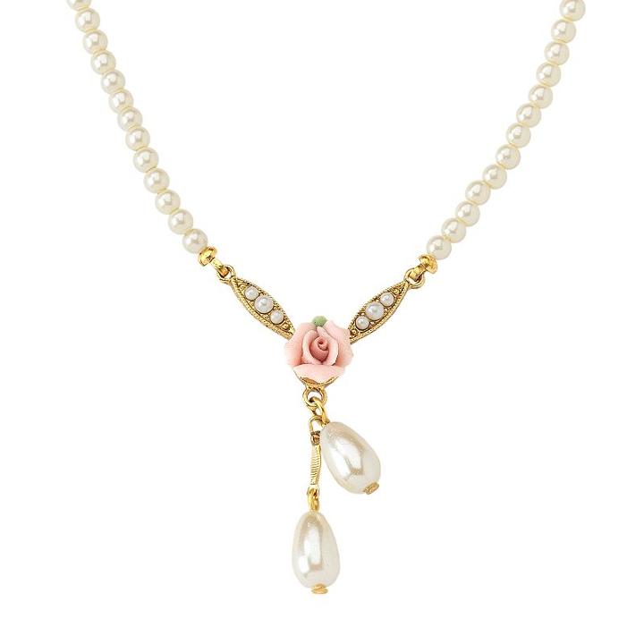 1928 Gold-tone Simulated Pearl And Rose Necklace, Women's, White