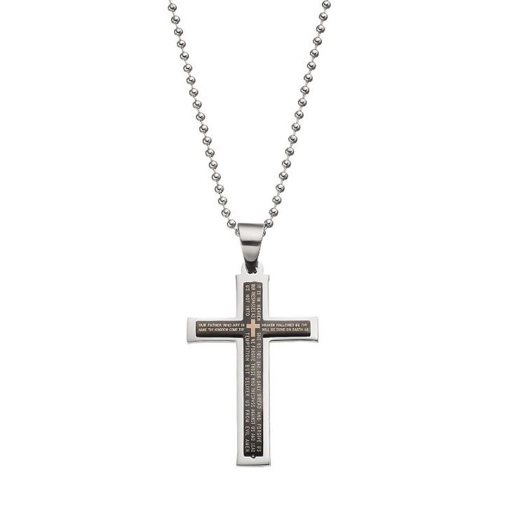 1913 Men's Stainless Steel The Lord's Prayer Cross Pendant, Size: 24, Black