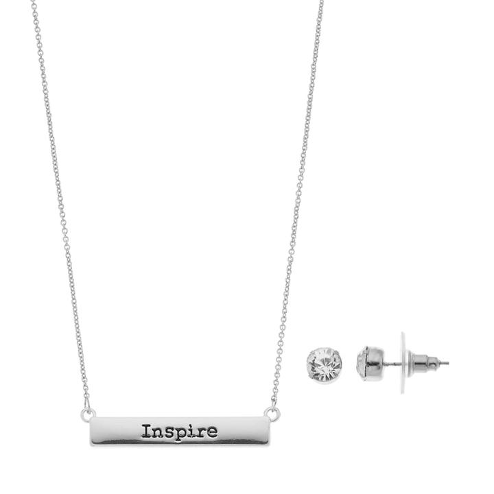 Inspire Bar Necklace & Simulated Crystal Stud Earring Set, Women's, Silver