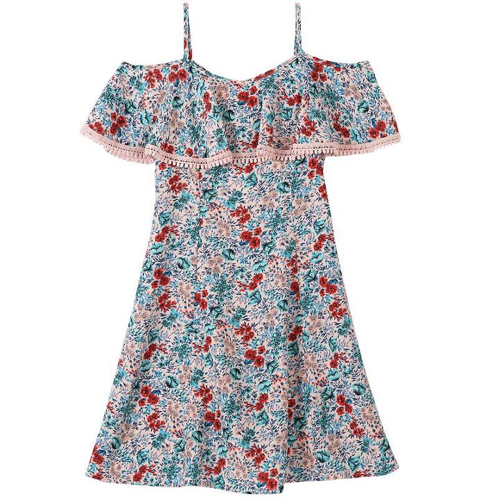 Girls 7-16 Speechless Off Shoulder Popover Lace Trim Floral Dress, Girl's, Size: 7, Green Oth