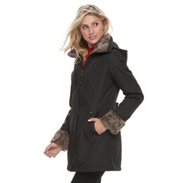 Women's Weathercast Faux-fur Trim Hooded Rain Jacket, Size: Xl, Black