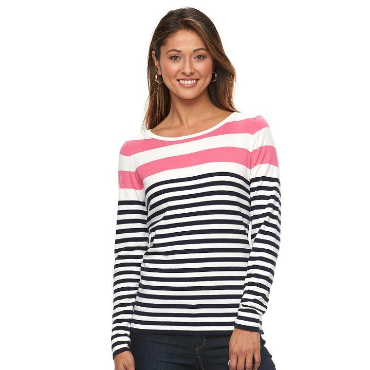 Women's Caribbean Joe Striped Boatneck Tee, Size: Large, Med Pink