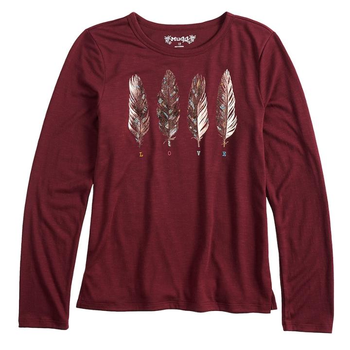 Girls 7-16 & Plus Size Mudd&reg; Long Sleeve Graphic Tee, Size: 12 1/2, Dark Red
