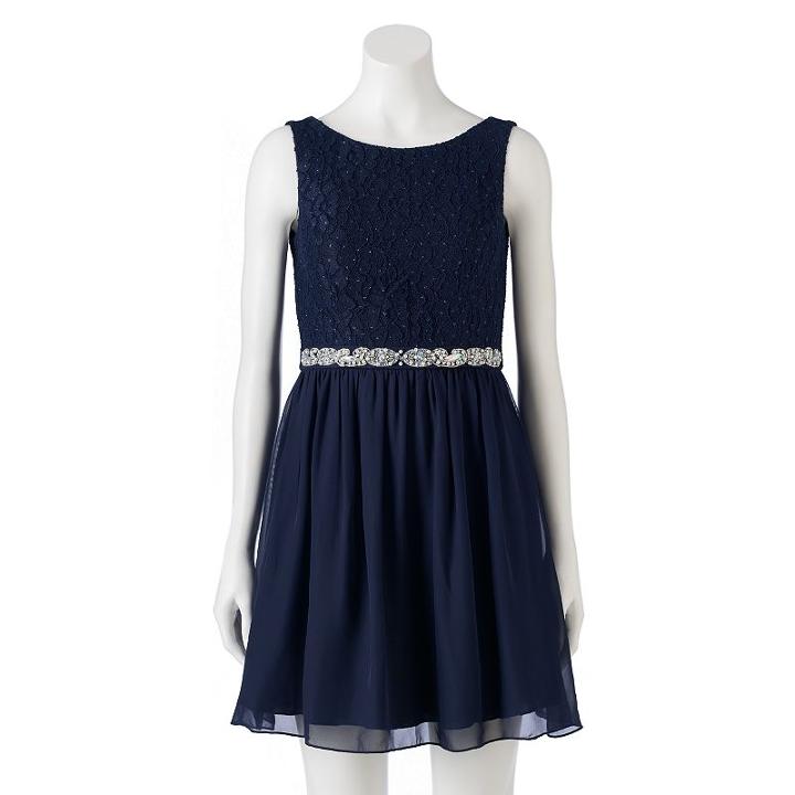 Juniors' Speechless V-back Lace Chiffon Dress, Teens, Size: 1, Blue (navy)