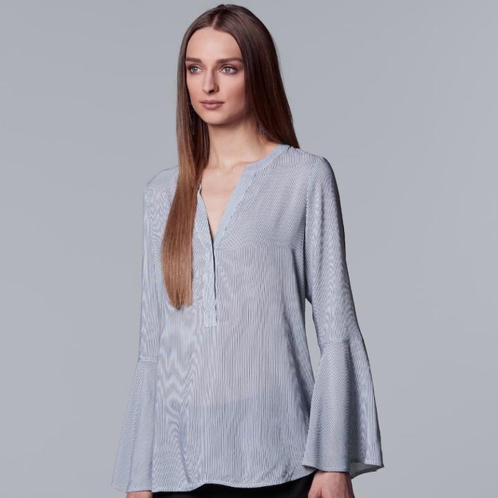 Women's Simply Vera Vera Wang Shadow-stripe Bell Sleeve Top, Size: Large, Blue (navy)