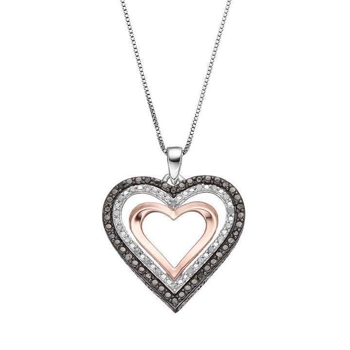 Tri-tone Sterling Silver 1/4 Carat T.w. Black & White Diamond Heart Pendant Necklace, Women's