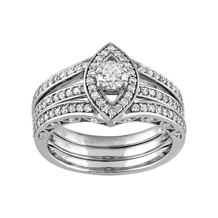 10k White Gold 1 Carat T.w. Diamond Marquise Engagement Ring Set, Women's, Size: 7