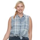 Plus Size Juniors' Plus So&reg; Sleeveless Tie-front Shirt, Teens, Size: 2xl, Blue