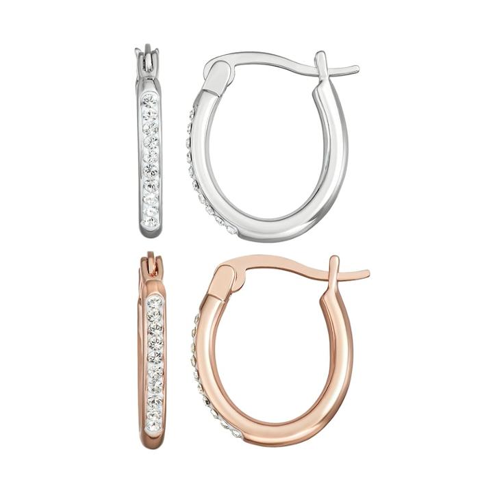 Chrystina Crystal Silver-& Rose-gold Tone Oval Hoop Earrings Set, Women's, White