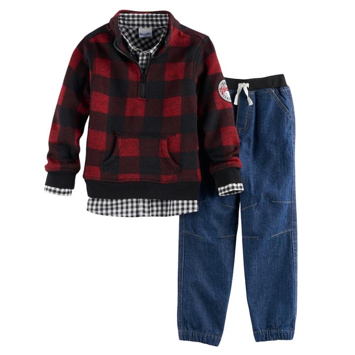 Boys 4-7 Nannette 3-pc. Buffalo Check Pullover Hoodie, Plaid Shirt & Pull-on Jeans Set, Size: 4, Red