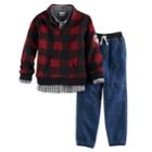 Boys 4-7 Nannette 3-pc. Buffalo Check Pullover Hoodie, Plaid Shirt & Pull-on Jeans Set, Size: 4, Red