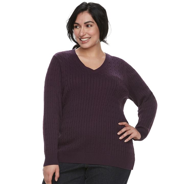 Plus Size Croft & Barrow&reg; Essential Cable Knit V-neck Sweater, Women's, Size: 4xl, Drk Purple