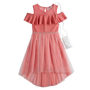 Girls 7-16 Love, Jayne Ruffled Cold Shoulder Dress With Purse, Size: 16, Lt Orange