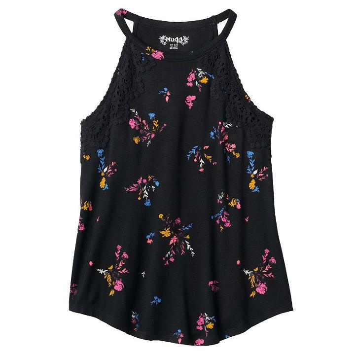Girls 7-16 & Plus Size Mudd&reg; Crochet Floral Highneck Tank Top, Girl's, Size: 20 1/2, Black