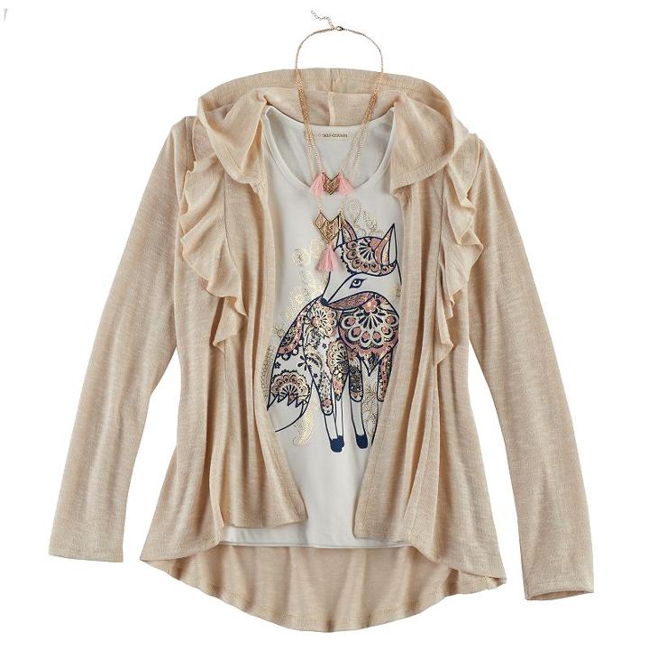 Girls 7-16 Self Esteem Ruffled Cardigan & Foil Graphic Tank Top With Necklace, Size: Small, Blue