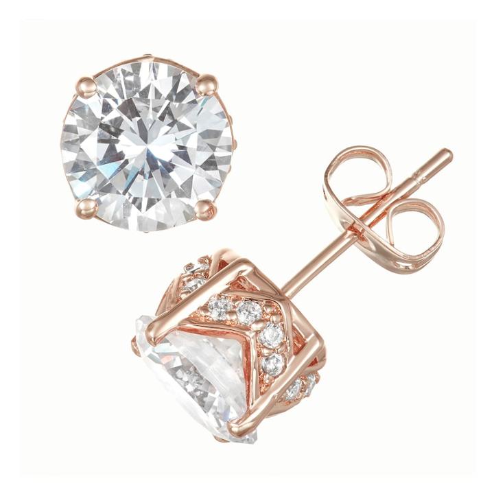 14k Rose Gold Over Silver Cubic Zirconia Stud Earrings, Women's, White