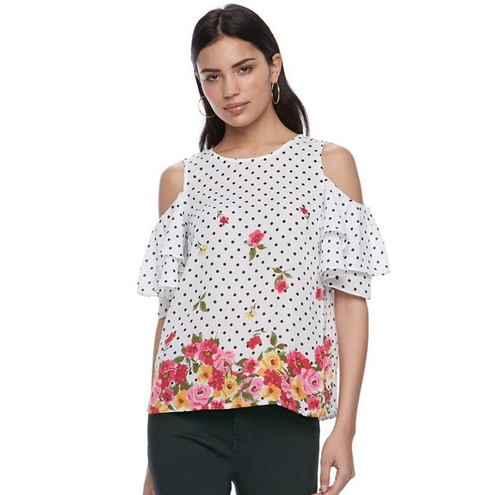 Women's Elle&trade; Print Cold-shoulder Flutter Top, Size: Medium, White