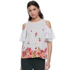 Women's Elle&trade; Print Cold-shoulder Flutter Top, Size: Medium, White