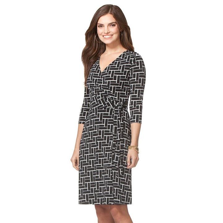 Women's Chaps Geometric Faux-wrap Dress, Size: Small, Black