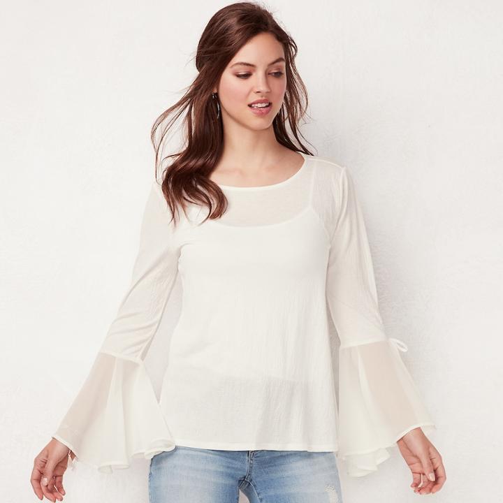 Women's Lc Lauren Conrad Flare Sleeve Chiffon Top, Size: Large, White