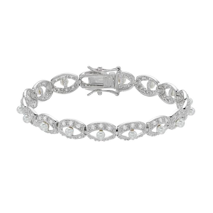 Sterling Silver Freshwater Cultured Pearl & Cubic Zirconia Bracelet, Women's, Size: 7, White