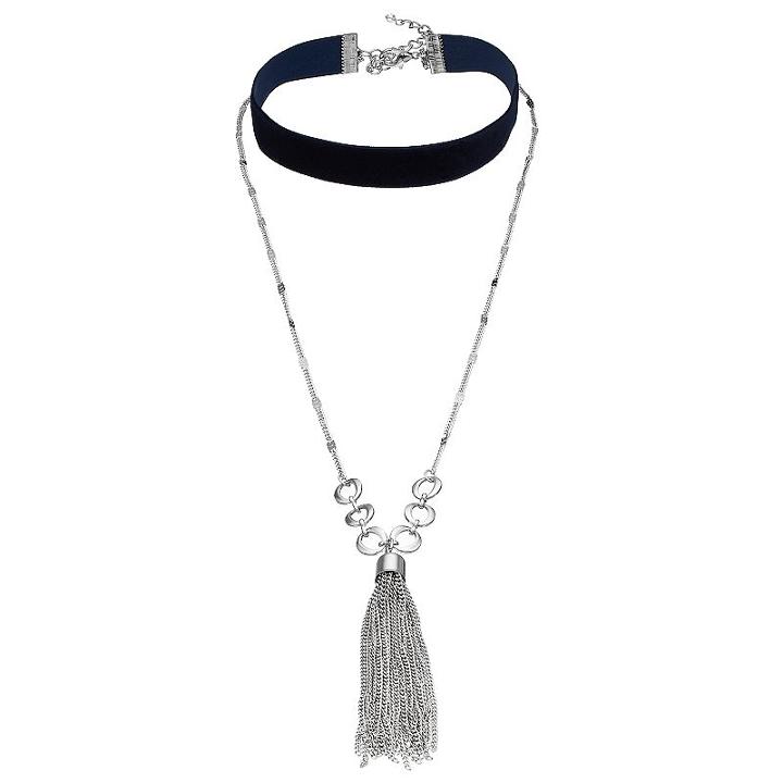 Tassel Layered Blue Choker Necklace, Women's, Navy