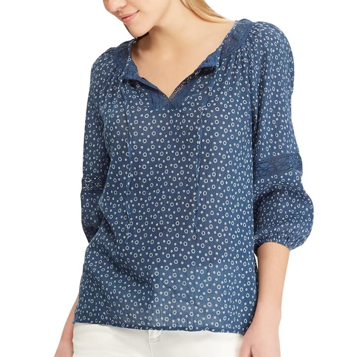Women's Chaps Print Lace-hem Peasant Top, Size: Medium, Blue