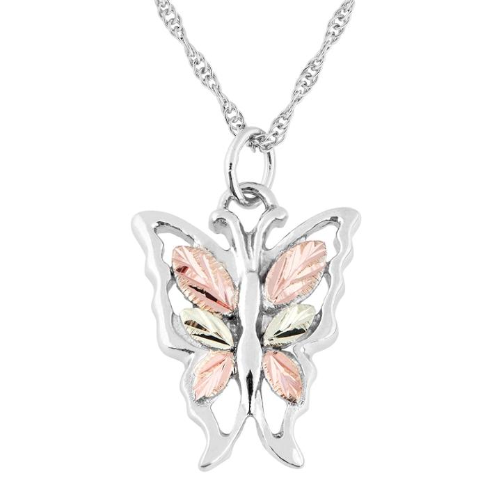 Black Hills Gold Tri-tone Butterfly Pendant Necklace In Sterling Silver, Women's, Size: 18, Grey