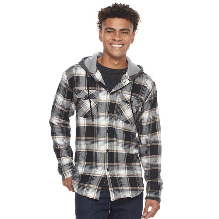 Men's Trinity Collective Hooded Button-down Flannel Shirt, Size: Xl, Black