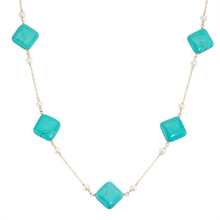 14k Gold Simulated Turquoise & Freshwater Cultured Pearl Station Necklace, Women's, Size: 18, Blue