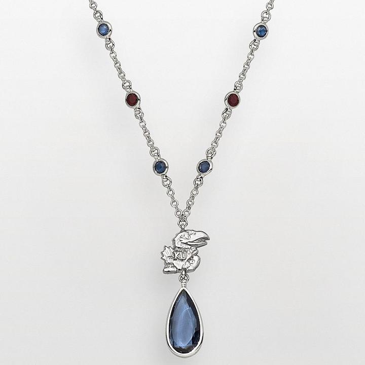 Kansas Jayhawks Silver Tone Crystal Logo Teardrop Y Necklace, Women's, Multicolor