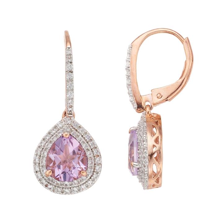 14k Rose Gold Over Silver Rose De France Amethyst & Lab-created White Sapphire Teardrop Earrings, Women's, Purple