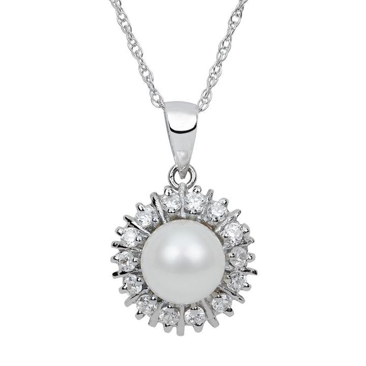 Sterling Silver Freshwater Cultured Pearl And Cubic Zirconia Starburst Pendant, Women's, White