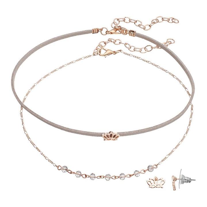 Lc Lauren Conrad Lotus Flower Choker Necklace & Stud Earring Set, Women's, Grey